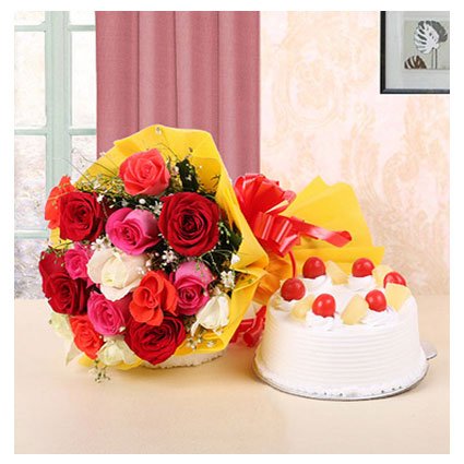 Mix Bouquet with Pineapple Cake
