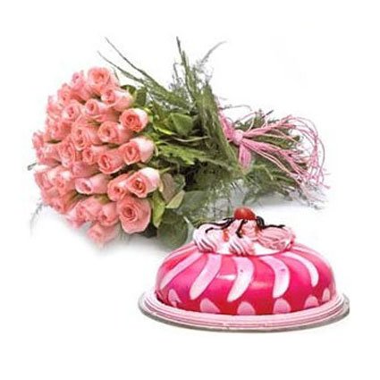 Pink Roses With Strawberry Cake